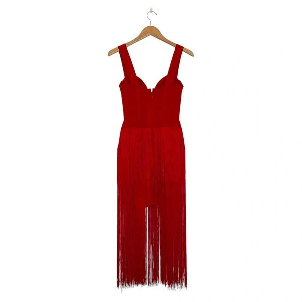 STYLE OF CB Red Midi Bodycon Dress w/ Maxi Length Tiered Fringe, Size XS - Picture 8 of 14